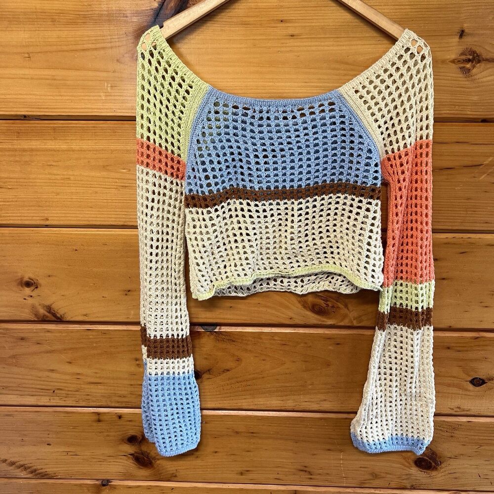 Urban Outfitters Top Crochet Open Knit Sweater L Hippie Bell Sleeve Boho Beach - Picture 4 of 4